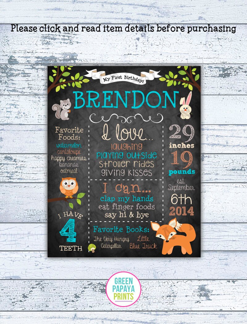 Woodland Birthday Chalkboard First Birthday Forest Animals