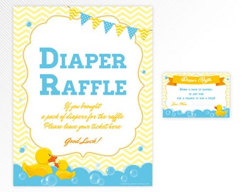 Blue Rubber duck Diaper Raffle Sign and ticket - aqua and yellow printable baby shower game - INSTANT DOWNLOAD