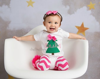 Girls pink and green Christmas tree outfit set leg warmers shirt embroidered personalized custom name