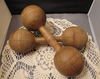 Vintage Pair Of Wooden Dumbbells, Sports Excersize Decor. Nice Matching Set.