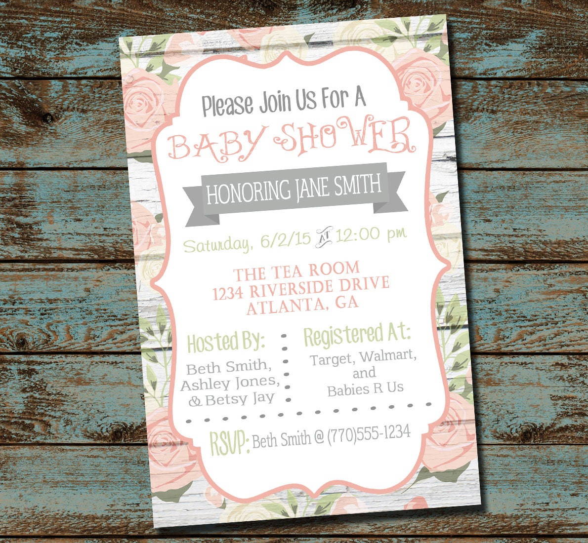 Floral Vintage Shabby Chic Baby Shower Invitation Pink Baby