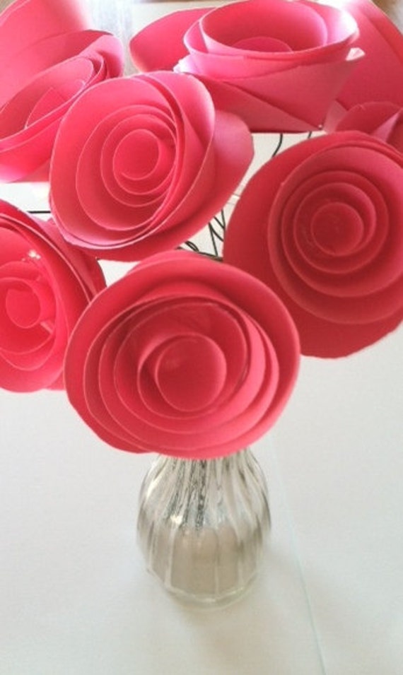 Hot Pink Paper Roses with Stems One Dozen by PinsAndNeedlesBridal