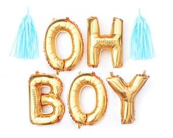 Oh Boy Balloon Garland with Tassels Kit - Boy Baby Shower - Gold Letter Balloons Banner Decoration Ideas