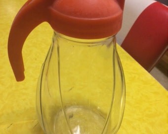 Vintage Large 10" Atlas Glass Syrup Dispenser w/ Orange Lid.
