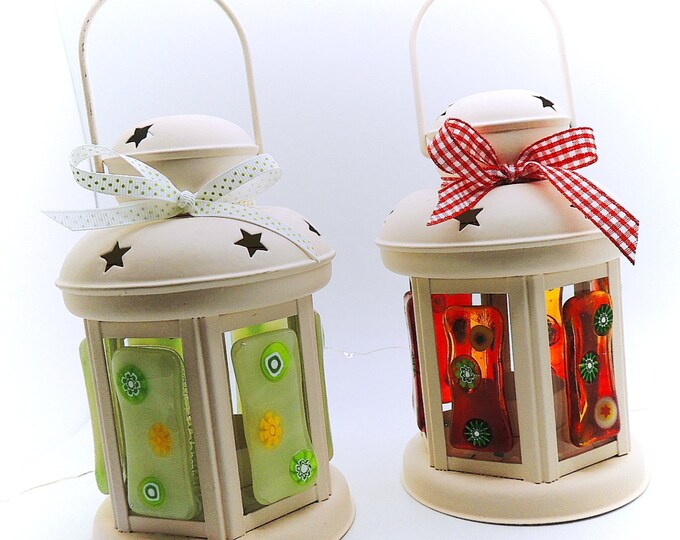 NOW REDUCED Cream green glass metal garden lantern. Fused glass light. Housewarming, home gifts. Tealight mixed creams. Home decor. Gifts.