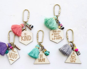 Charm, Quote and tassel Keychains - Double Sided, hand painted tassel geometric, gift for her, bridesmaids gifts, handpainted keychain,