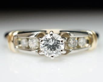Unique Vintage Diamond Engagement Ring White & Yellow Gold Solitaire Engagement Ring Hebrew Style Ring