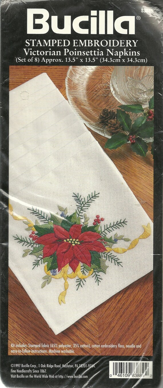 Bucilla Stamped Embroidery Victoria Poinsettia Napkins Kit