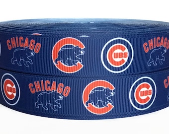 7/8 inch Grosgrain Chicago Cubs Baseball Ribbon By The Yard, Sports Ribbon, Sports Grosgrain, Baseball Ribbon by KC Elastic Ties
