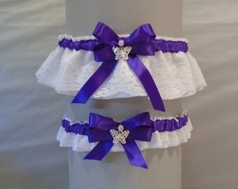Wedding Garter Set Regal Purple on White or Ivory Lace & Satin, with Bow and Butterfly Charms (May also be purchased individually) DX/BF