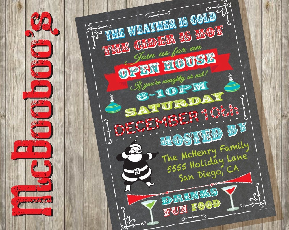 Christmas Open House Invitation with fun fonts and retro Santa