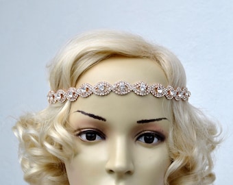 Rose Gold Rhinestone Headband Great Gatsby Headband Crystal Headband Wedding Halo Bridal tie on ribbon Headpiece 1920s Flapper headband