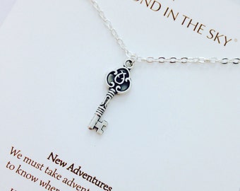 New Adventures traveller, graduation Key Necklace on Gift Card