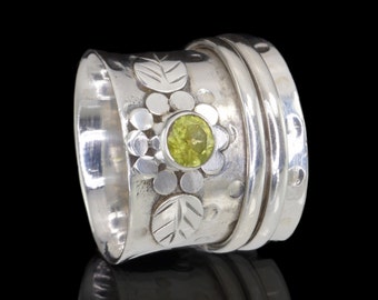 Peridot & 925 Sterling Silver Spinner Meditation Ring, Moving Ring - Flower Design #B308