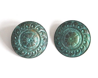 Vintage Large Round Metal Floral Patina Earrings