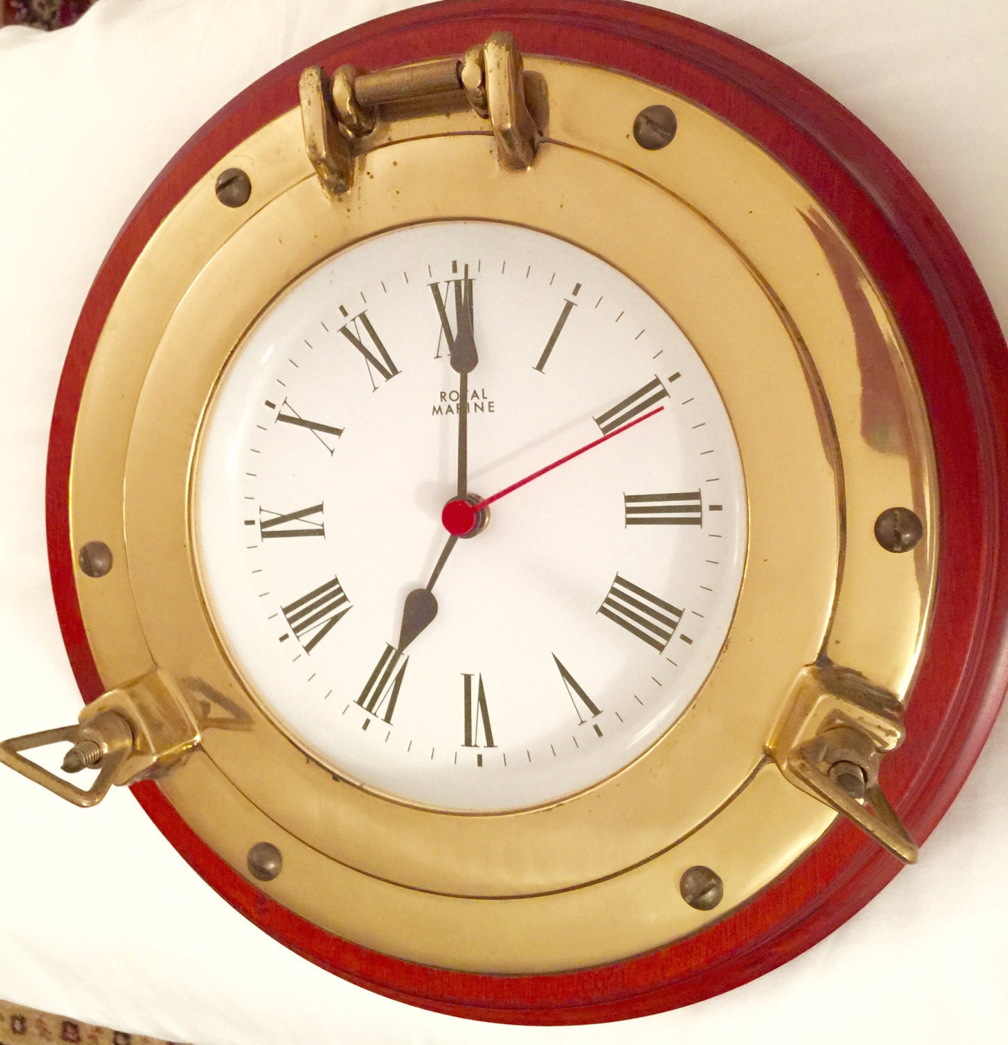 Nautical Solid Brass Port Hole Clock Brass & Wood Boating