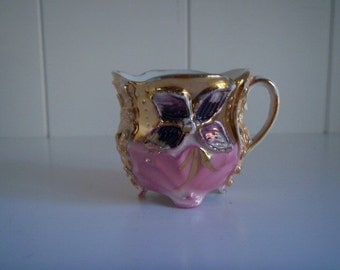 Hand painted Antique German Lusterware Molded Demitasse Footed Tea Cup, Pink and Purple Luster with Gold Detail
