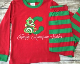 Christmas Tree appliqué monogramed Pajamas Family Christmas Pajamas holiday pj santa pictures christmas card picture matching family