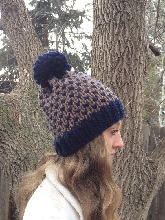 Fair Isle Knit Hat / The Columbia in Navy and Taupe by YarnAllOver
