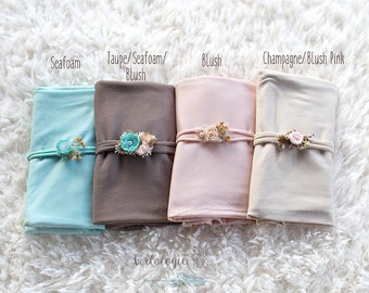 Newborn Stretch Wrap Set with 1 Tieback *Jersey Knit Headband * Newborn Tieback * Photo Prop * Newborn Wrap * Baby Headband