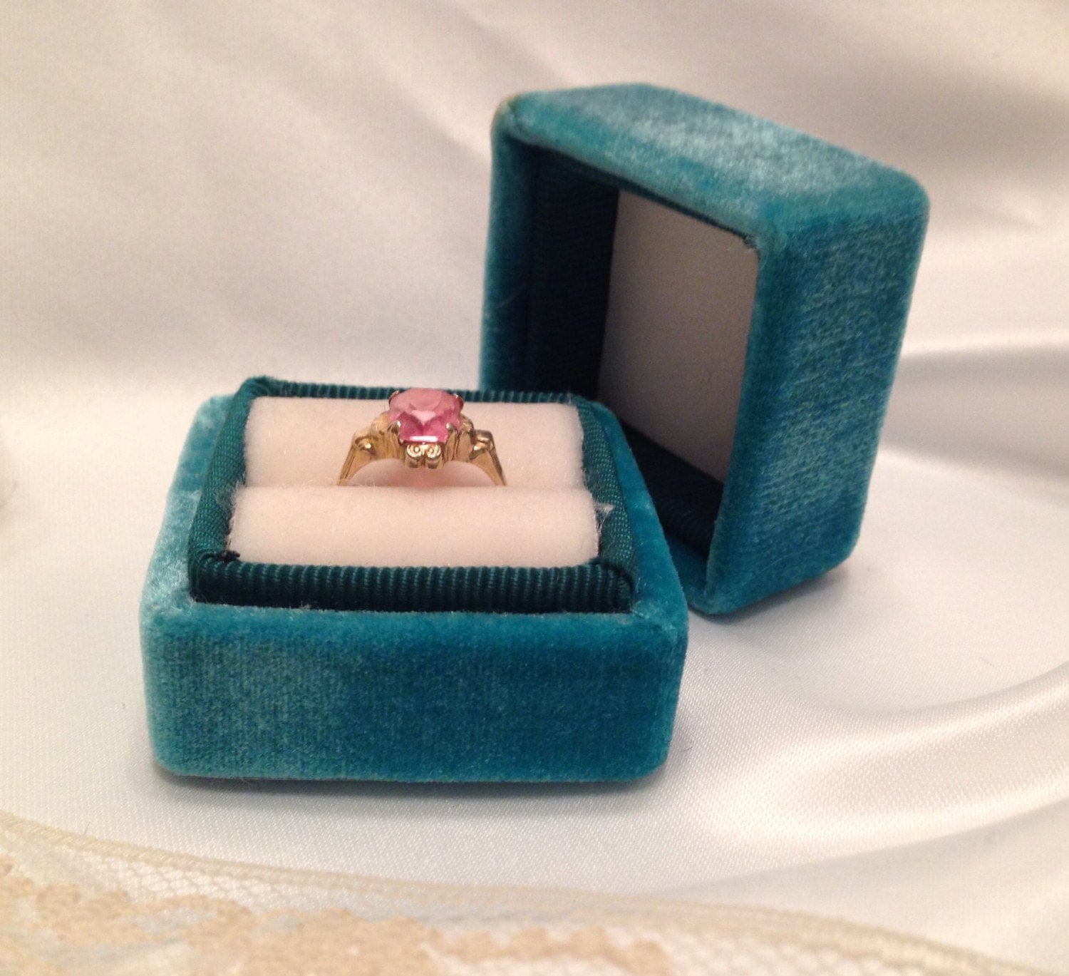 Vintage Velvet Ring Box  Handmade in Turquoise and Cream 