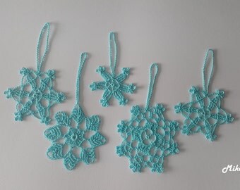5 Crochet Snowflakes,Christmas Decorations,Aquamarine, 100% Cotton.