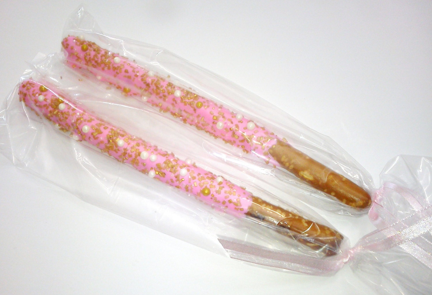 Fancy Pink Chocolate Dipped Pretzel Rods 12 Pearls and Gold
