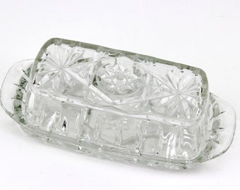 Anchor Hocking Prescut Covered Butter Dish, Star of David Butter Dish, Vintage Butter Dish, Early American Prescut Glass