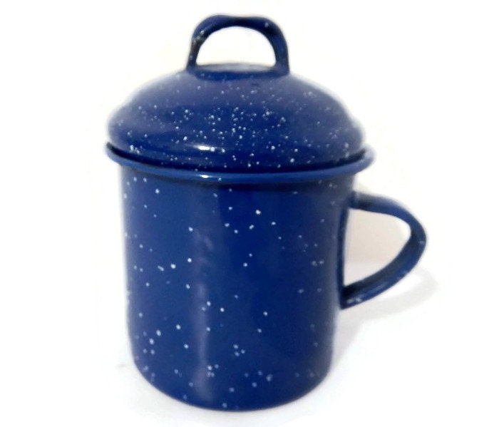 Vintage Blue Enamelware Mug with Lid soup cup retro