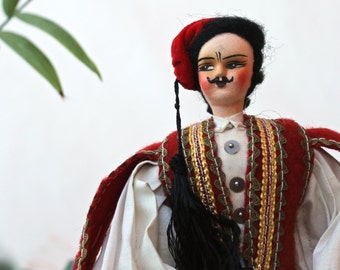 Greek Costume Doll Collectible Souvenir Greek Guard Evzones Greece Cloth Ethnic Hand Painted Face Vintage Gift Idea red white black yellow