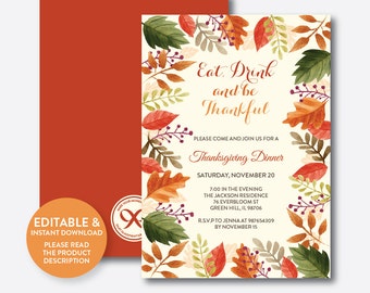Instant Download, Editable Thanksgiving Invitation, Thanksgiving Dinner Invitation, Eat Drink and be Thankful, Fall Invitation (SHI.02)