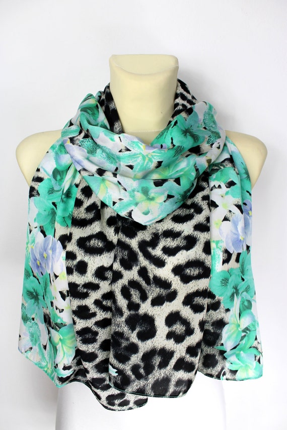 Turquoise Floral Scarf Olive Green Scarf Flowers Silk Scarf Spring Summer Autumn Birthday Gift for Her Summer Outdoors Summer Party Gift Mom
