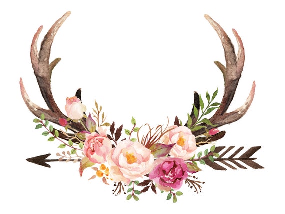 vector skull elk watercolour print roses antlers print print Digital