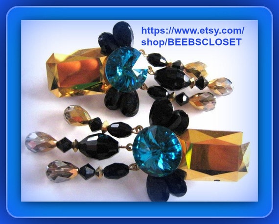Vintage Large Earrings , Runway earrings, Gold, Black , Sapphire blue , silver earrings, Statement earrings, Clip on earrings, Dangle drop