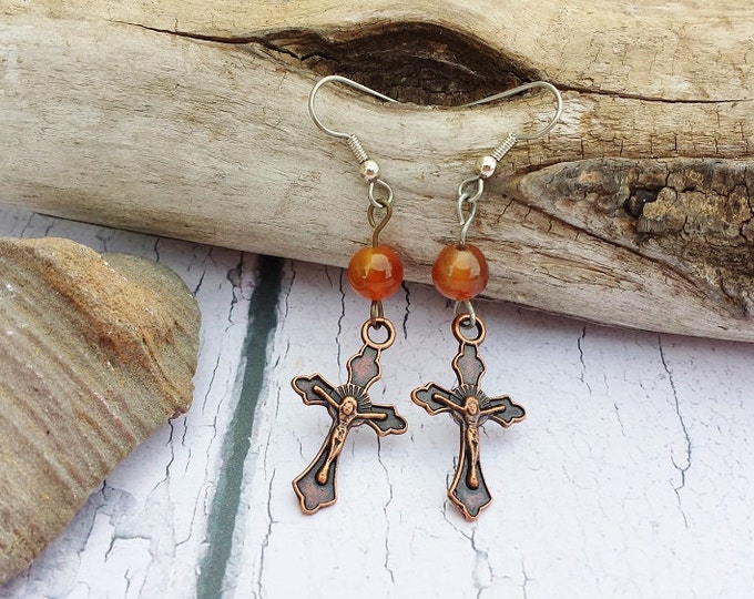 Copper Cross Earrings ~ Antique Look Crucifix & Red Agate Bead Drops ~ Christian Jewelry Gift for Mother, Daughter, Bible Study Partner