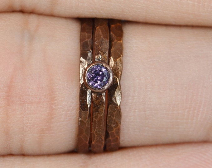 Bronze Copper Amethyst Ring, Classic Size, Stackable Rings, Mothers Ring, February Birthstone, Copper Jewelry, Solitaire, Pure Copper, Band