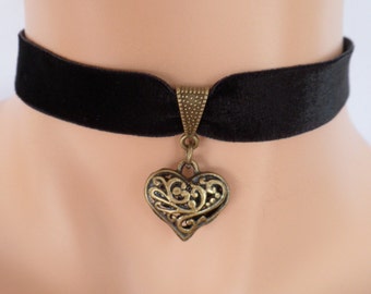 black velvet choker, heart choker, elasticated ribbon, filigree heart, antique bronze