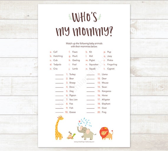 Safari Baby Shower Games Who's My Mommy Who is My Mommy