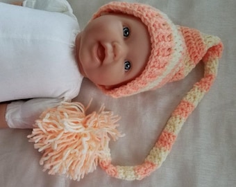 Crochet Baby Hat,3-6 Month,Long Tailed Baby Hat,Photo Prop,Baby Gift,Pixie Hat,Striped Stocking Pixie Hat,Crochet Baby Hat Ready To Ship
