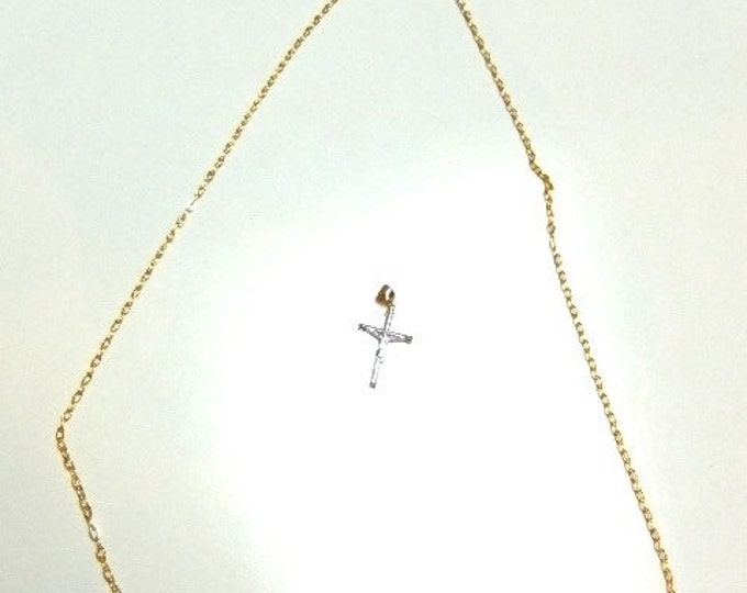 Storewide 25% Off SALE Vintage 14k Yellow & White Gold Crucifix Cross Pendant With Gold Tone Chain Necklace Featuring Elegant Detailed Finis