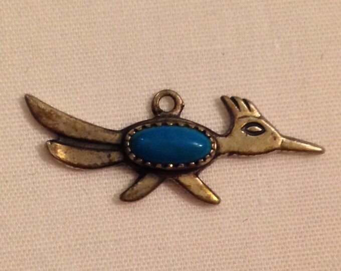 Storewide 25% Off SALE Vintage Sterling Silver Roadrunner Designer Pendant Featuring Rounded Turquoise Stone Center With Textured Finish