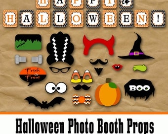 Halloween Photo Booth Props and Decorations - Printable Props and Banner - Over 40 Images in Full Color and Outlines - Digital Download