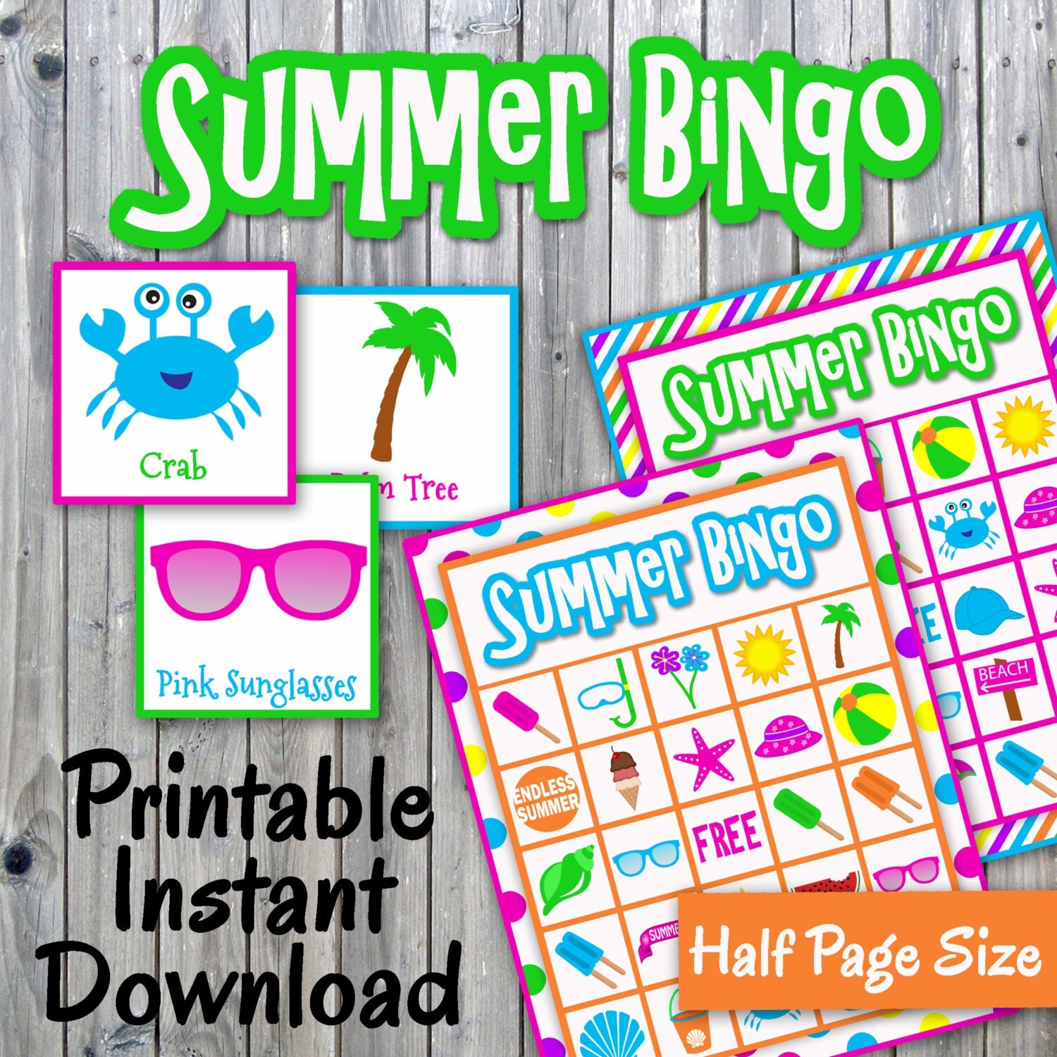 Summer Bingo Game Printable PDF 30 different Cards Half