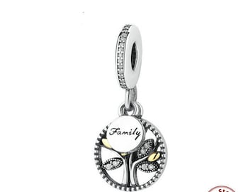 925 Sterling Silver Family Tree Dangle With 14K And Clear Cubic ZIRCONIA CHARM Fit PANDORA Bracelet, pandora bracelet, pandora beads, gift
