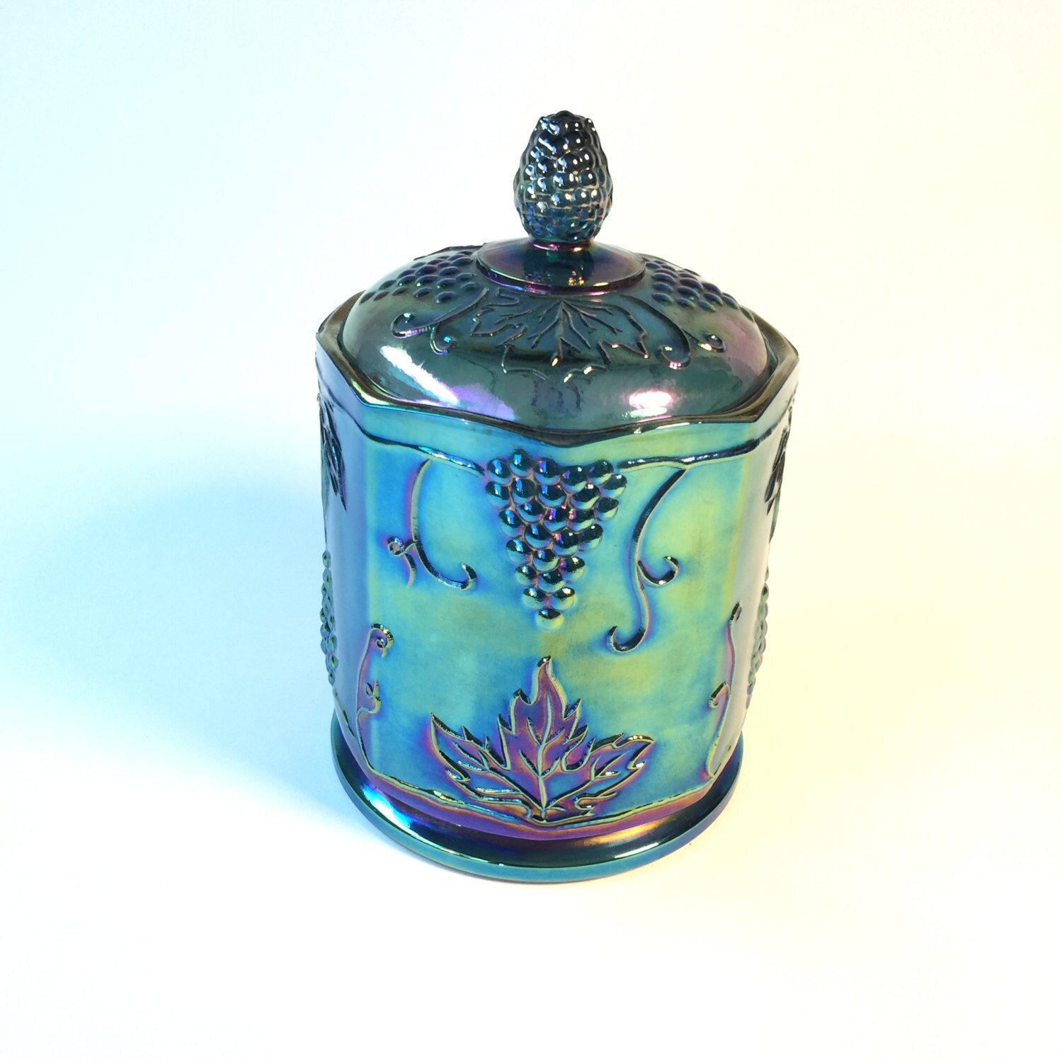 Blue Carnival Glass Jar With Lid Vintage Iridescent Peacock