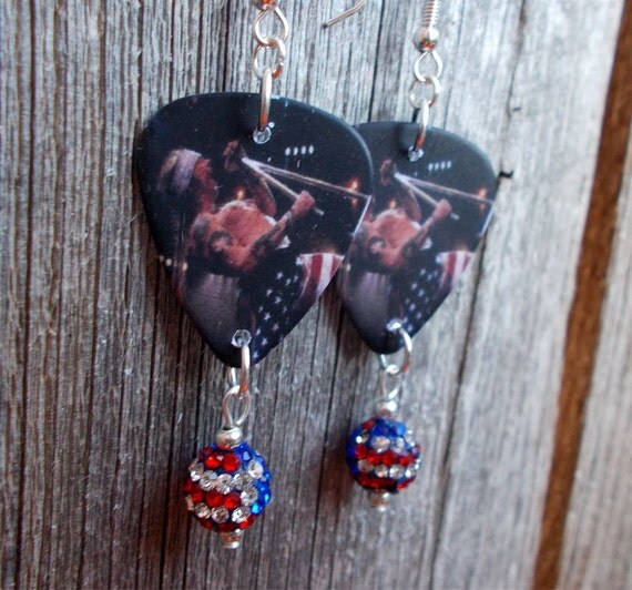 Axl Rose Guitar Pick Earrings with Pave American Flag Dangles