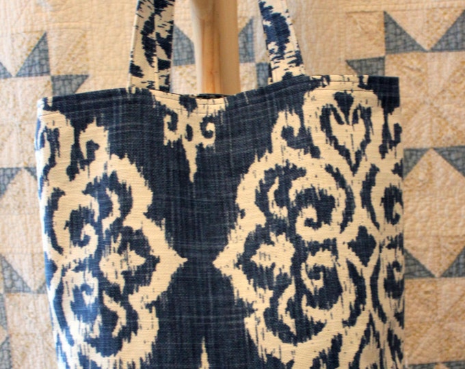 HALF PRICE ** Navy Blue and White Fabric Tapestry Tote Bag. Lined Reusable Bag. Large Canvas Purse. Diaper Bag. Shoulder Computer Bag