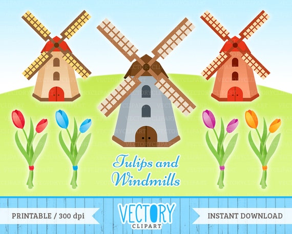 Items Similar To 7 Tulips And Windmills Clipart Set Tulip Clipart Windmill Clipart Spring