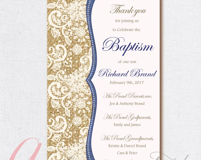 Baptism thank you card. Burlap thank you card. Burlap and lace invitation. First Communion thank you tag. Christening. Shabby Chic Baptism