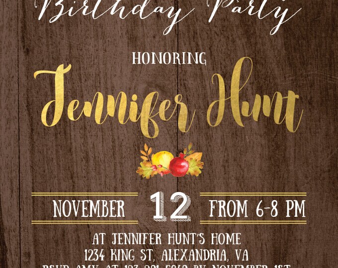 Fall birthday invitation. Rustic Birthday Invitation, Fall Pumpkin Invitation. Fall invitation. Printable